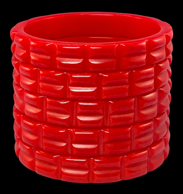 vintage quilt carved bright red bakelite bangles